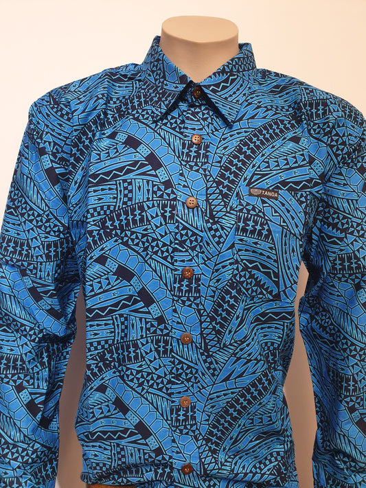 Tanoa Samoa Cotton Mens L/S Bula Shirt - SL1061-Blue