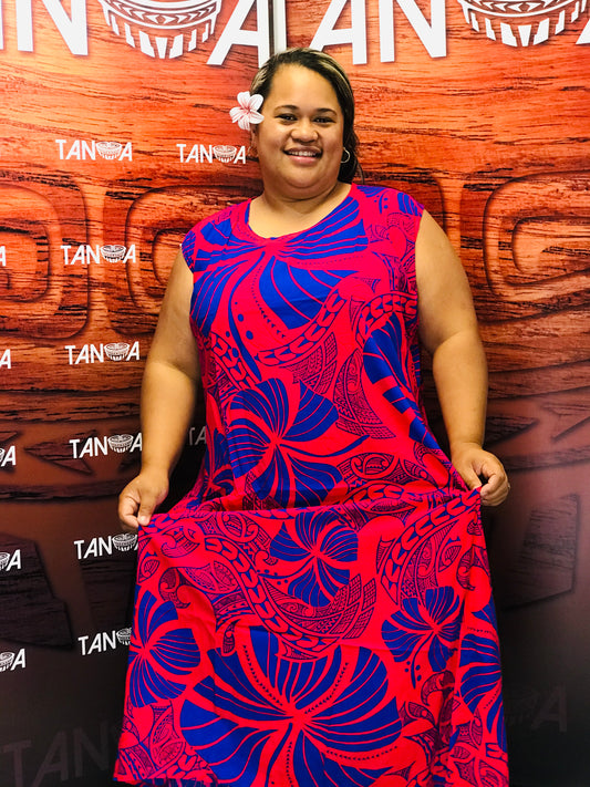 Tanoa Samoa Straight Bottom Umbrella Dress-LD886 -Navy Pink  (ALL SALES FINAL)