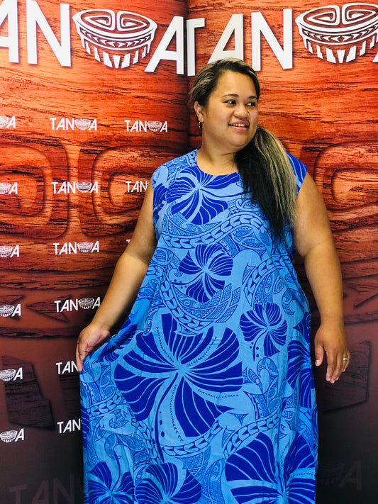 Tanoa Samoa Straight Bottom Umbrella Dress-LD886 BLUE  (ALL SALES FINAL)